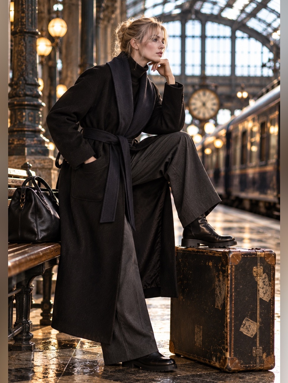 Rag & Bone Virgin Wool Maxi Coat Oversized Belted Shawl Collar Black Navy